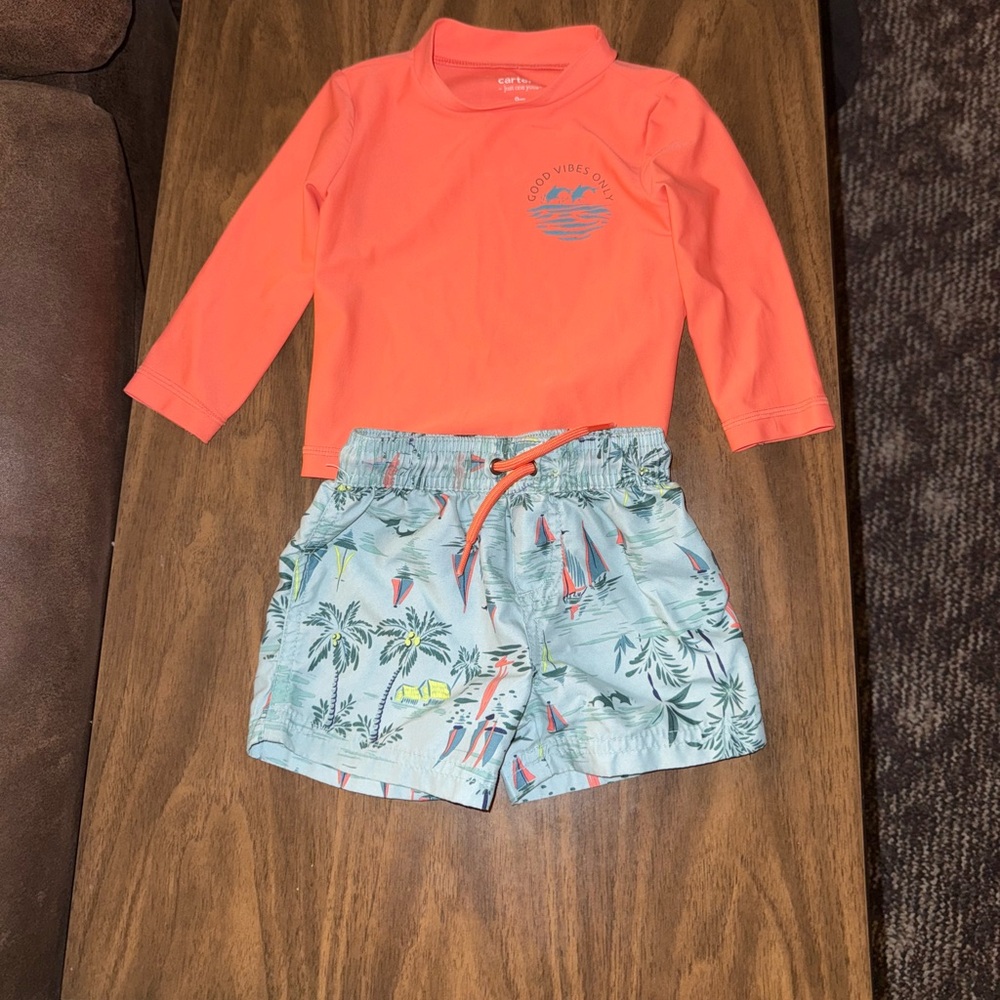 Carter's Coral Rashguard and Tropical Print Swim Shorts
